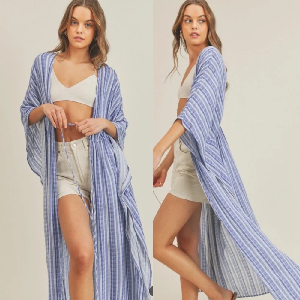 NWT LUSH Blue White Maxi Beach Cover Up Kimono Small